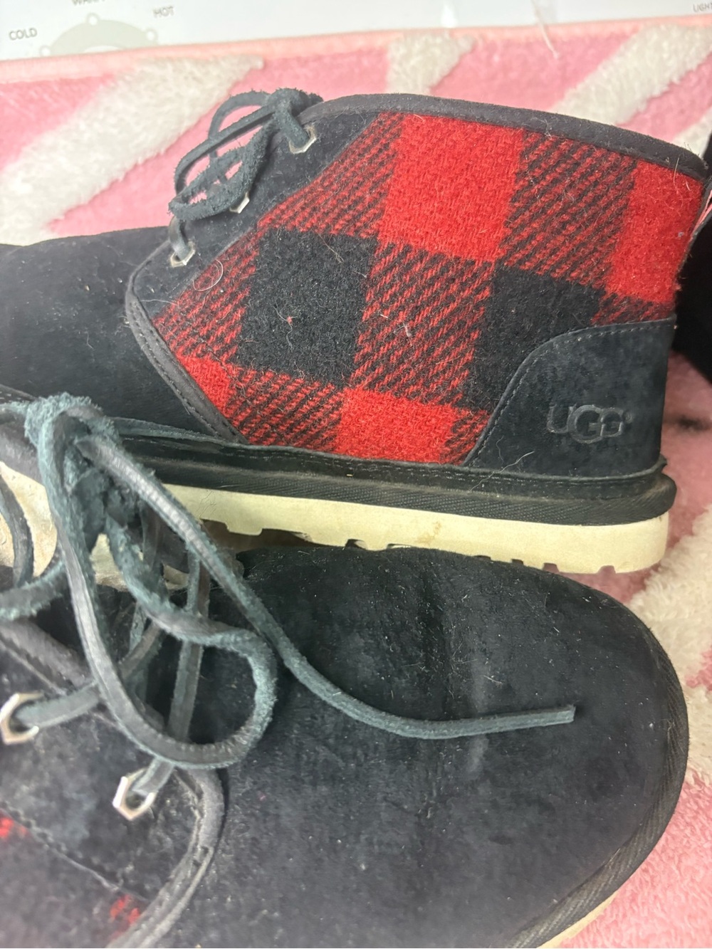 UGG Black Suede Chukka Boots with Red Buffalo Plaid Panels